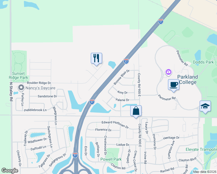 map of restaurants, bars, coffee shops, grocery stores, and more near 1405 Bonnie Blair Drive in Champaign