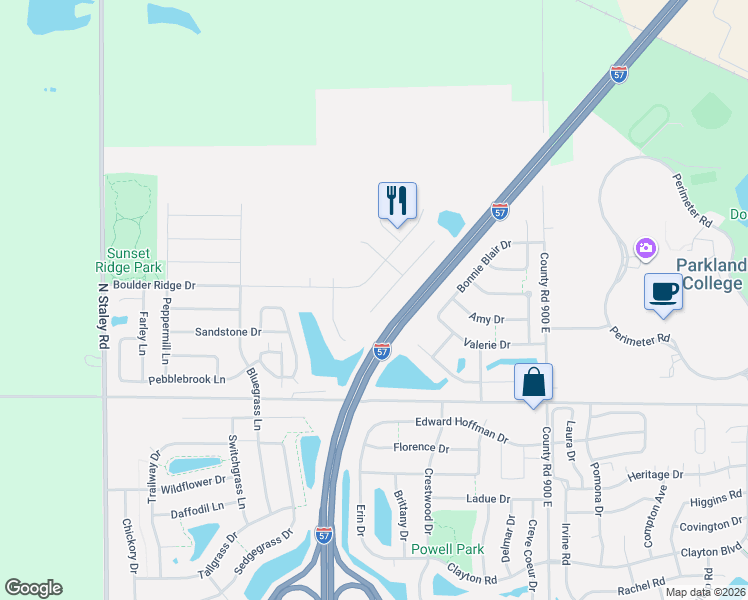 map of restaurants, bars, coffee shops, grocery stores, and more near 3444 Stoneway Court in Champaign