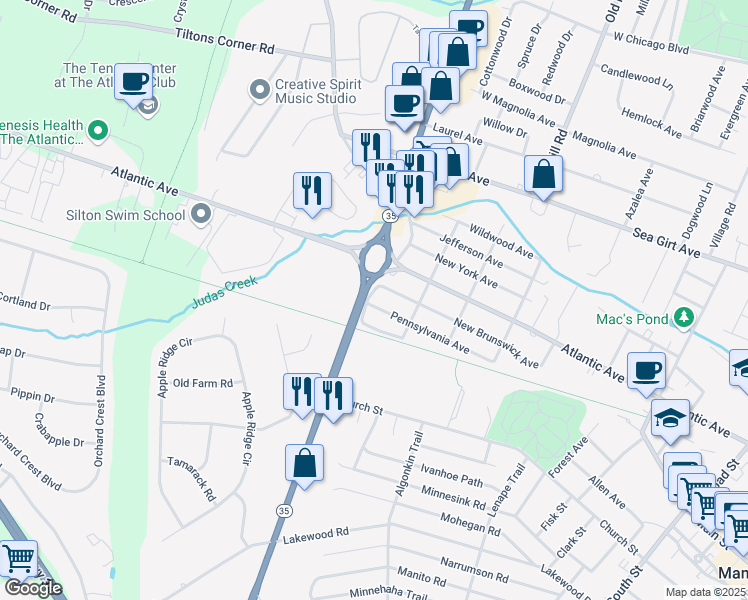 map of restaurants, bars, coffee shops, grocery stores, and more near 1319 New Brunswick Avenue in Manasquan