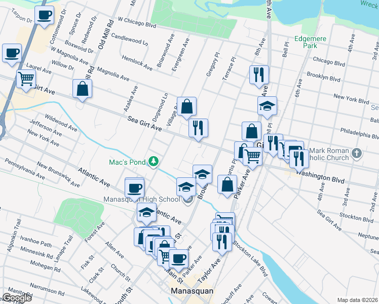 map of restaurants, bars, coffee shops, grocery stores, and more near 28 Old Squan Road in Manasquan