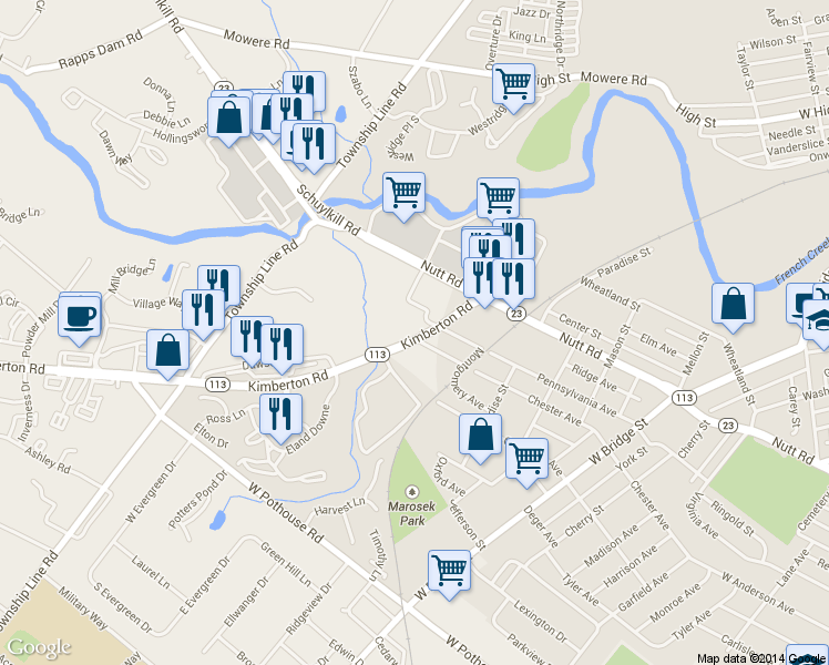 map of restaurants, bars, coffee shops, grocery stores, and more near 300 Kimberton Road in Phoenixville