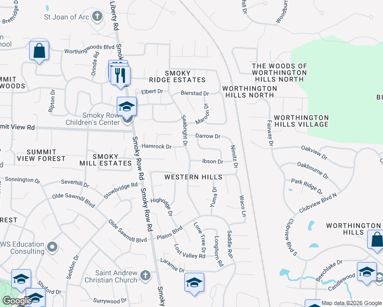 map of restaurants, bars, coffee shops, grocery stores, and more near 8504 Seabright Drive in Powell