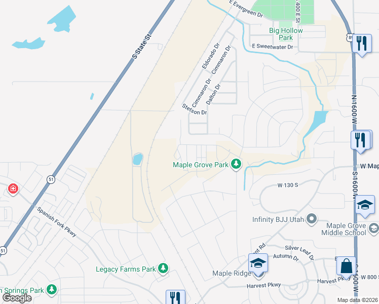 map of restaurants, bars, coffee shops, grocery stores, and more near 172 Santa Fe Drive South in Springville