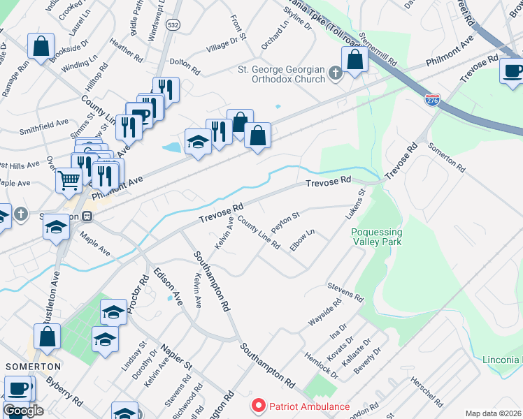 map of restaurants, bars, coffee shops, grocery stores, and more near 15 Trevose Road in Feasterville-Trevose