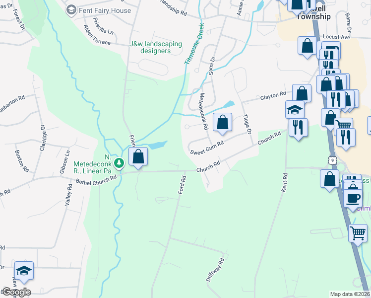 map of restaurants, bars, coffee shops, grocery stores, and more near 39 Sweet Gum Road in Howell Township