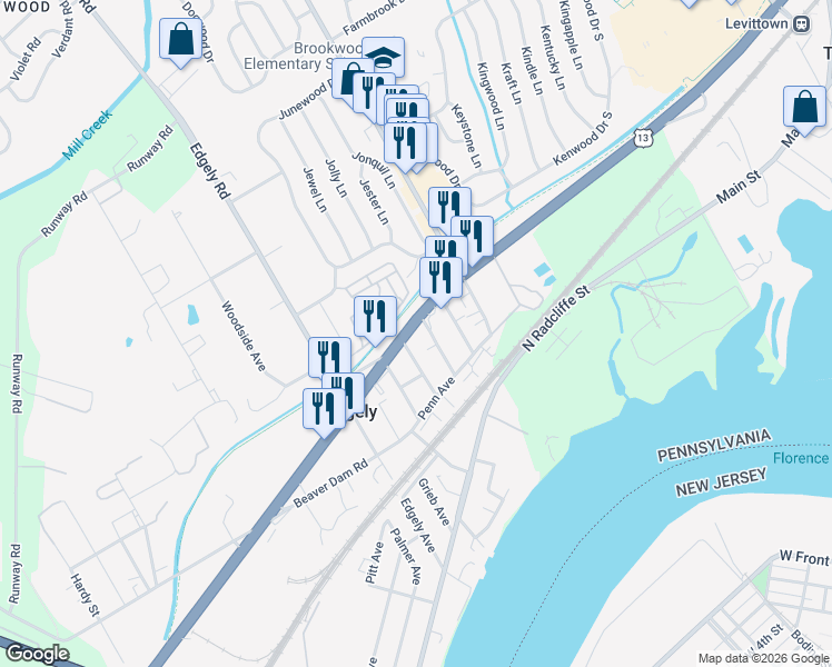 map of restaurants, bars, coffee shops, grocery stores, and more near 7404 Bristol Pike in Levittown