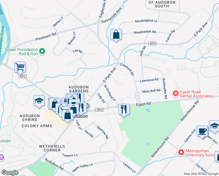 map of restaurants, bars, coffee shops, grocery stores, and more near 26 West Orchard Lane in Eagleville