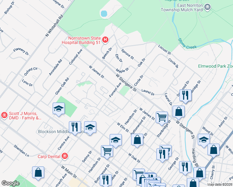 map of restaurants, bars, coffee shops, grocery stores, and more near 1318 West James Street in Norristown