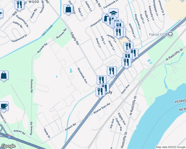 map of restaurants, bars, coffee shops, grocery stores, and more near 1821 Edgely Road in Levittown