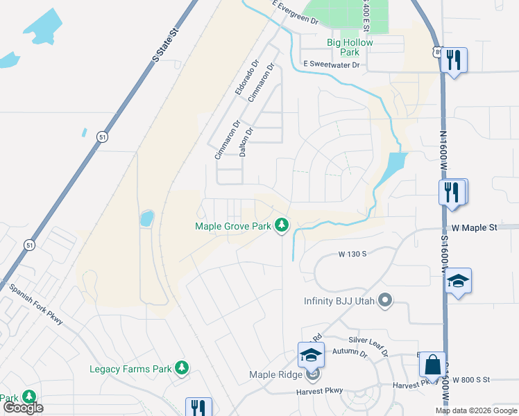 map of restaurants, bars, coffee shops, grocery stores, and more near 2495 West Maple Street in Mapleton