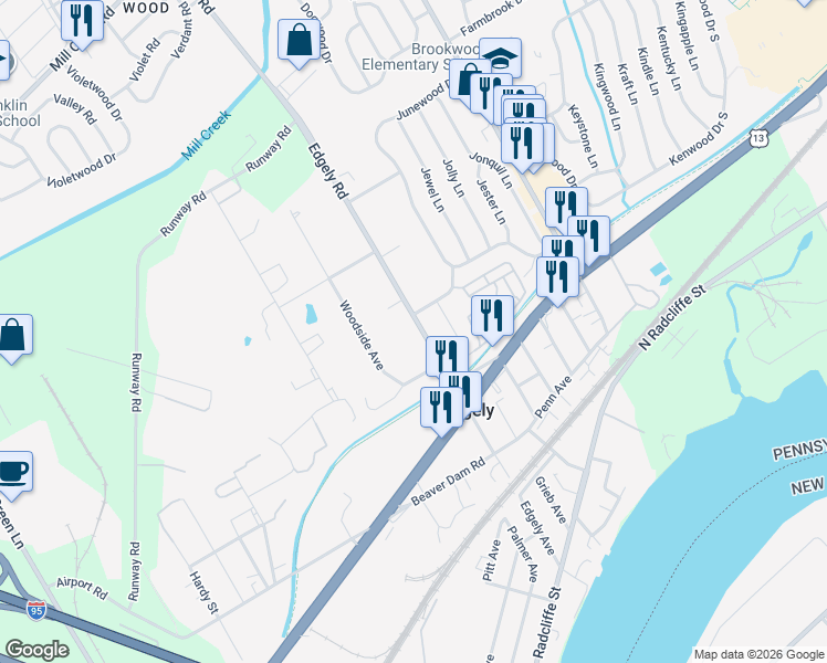 map of restaurants, bars, coffee shops, grocery stores, and more near 1819 Edgely Road in Levittown