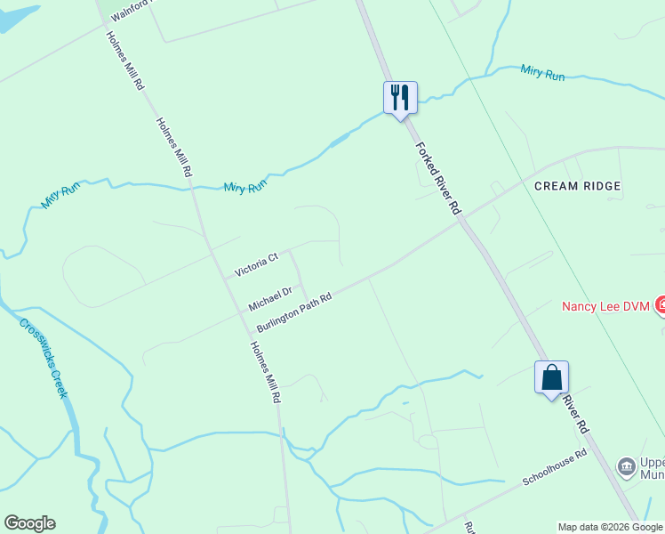 map of restaurants, bars, coffee shops, grocery stores, and more near 2 Matthew Court in Upper Freehold