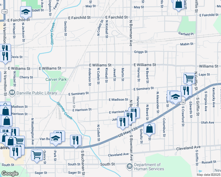 map of restaurants, bars, coffee shops, grocery stores, and more near 401-499 Kimball Street in Danville