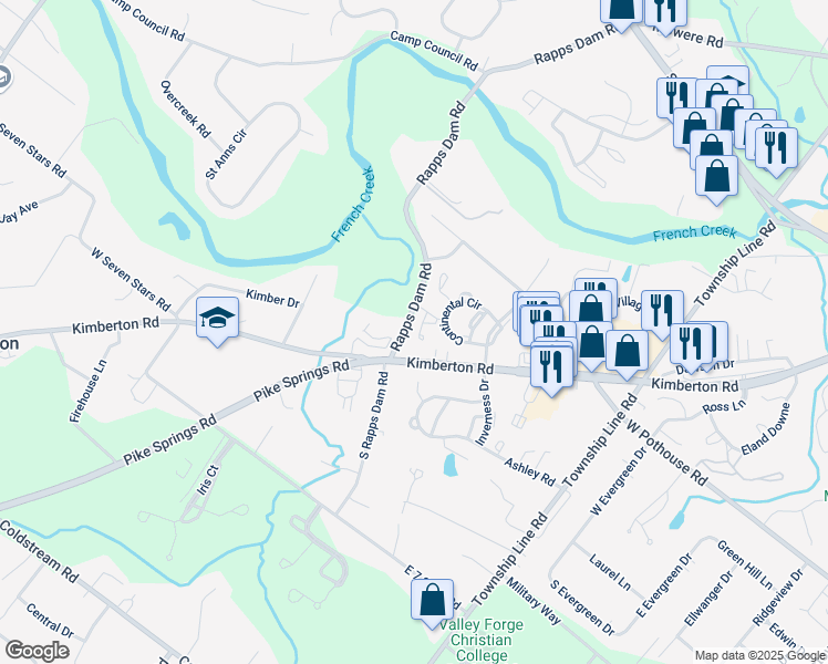 map of restaurants, bars, coffee shops, grocery stores, and more near 1602 General Howe Drive in Phoenixville