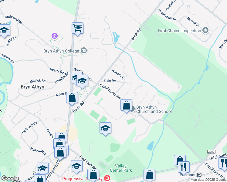map of restaurants, bars, coffee shops, grocery stores, and more near 613 Tomlinson Road in Bryn Athyn
