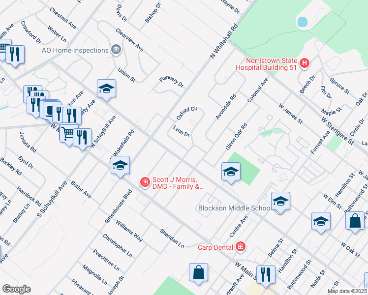 map of restaurants, bars, coffee shops, grocery stores, and more near 6 Oxford Circle in Norristown