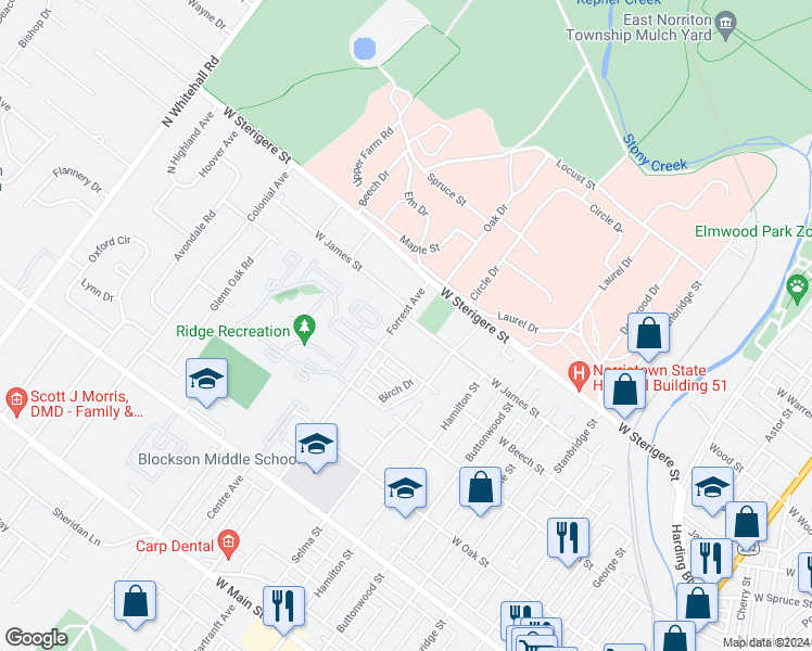 map of restaurants, bars, coffee shops, grocery stores, and more near 1318 West James Street in Norristown