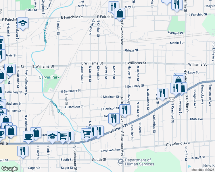 map of restaurants, bars, coffee shops, grocery stores, and more near 819-845 East Seminary Street in Danville
