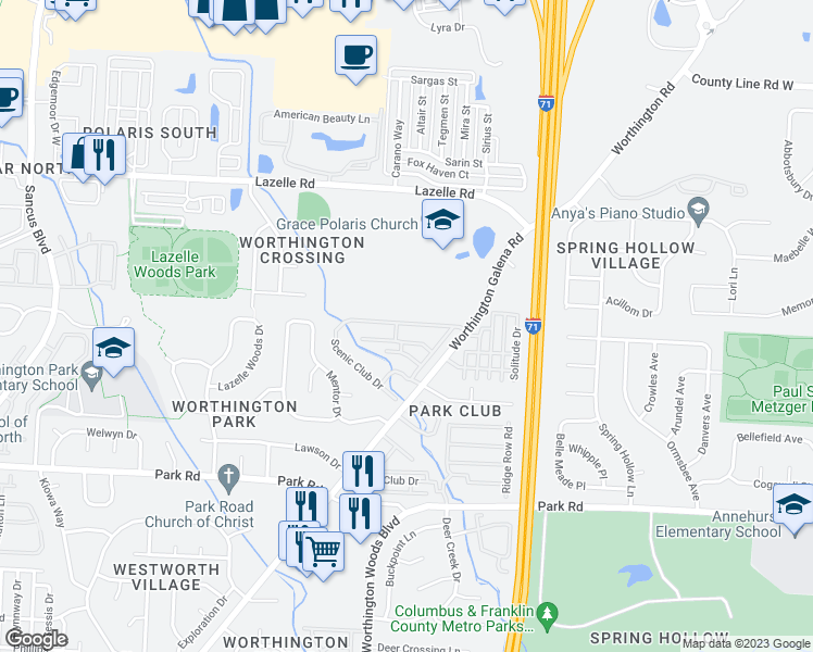map of restaurants, bars, coffee shops, grocery stores, and more near 1531 Worthington Park Boulevard in Westerville