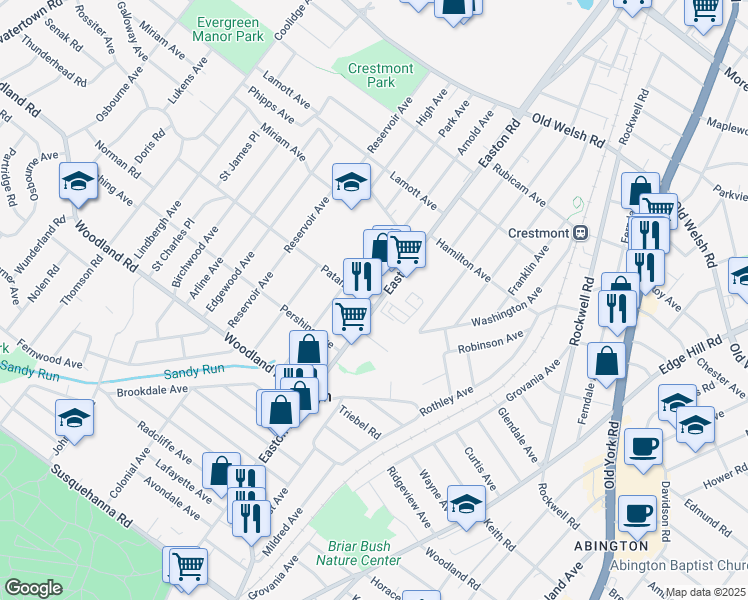map of restaurants, bars, coffee shops, grocery stores, and more near 1502 Easton Road in Abington