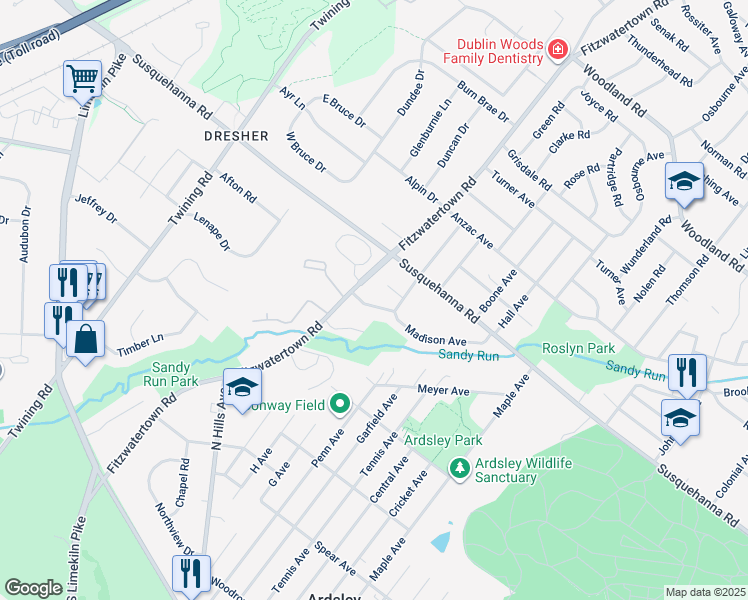 map of restaurants, bars, coffee shops, grocery stores, and more near 3035 David Drive in Roslyn
