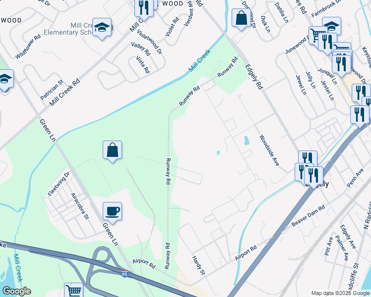 map of restaurants, bars, coffee shops, grocery stores, and more near 41 Runway Road in Levittown