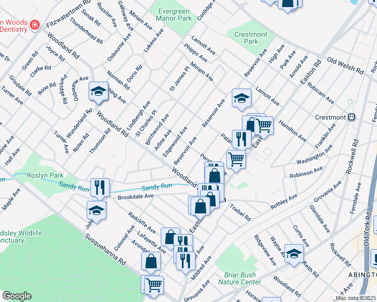 map of restaurants, bars, coffee shops, grocery stores, and more near 1383 Reservoir Avenue in Abington