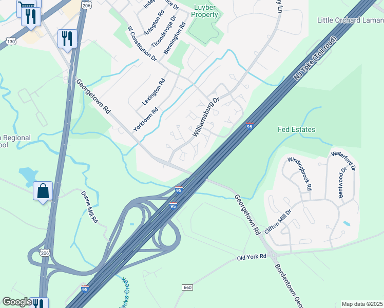 map of restaurants, bars, coffee shops, grocery stores, and more near 28 Kennebec Court in Fieldsboro
