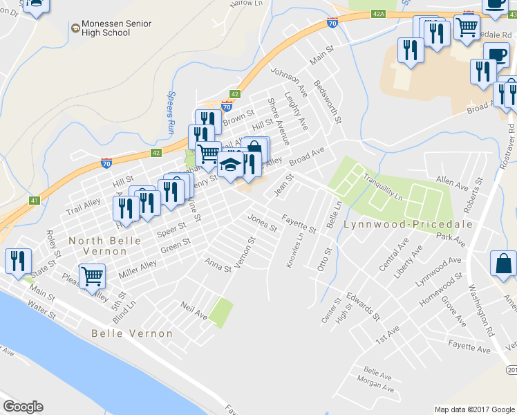 map of restaurants, bars, coffee shops, grocery stores, and more near 306 Fayette Street in Belle Vernon