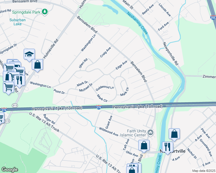 map of restaurants, bars, coffee shops, grocery stores, and more near 1212 Primrose Lane in Bensalem
