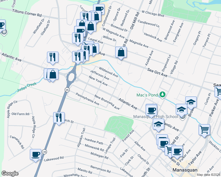 map of restaurants, bars, coffee shops, grocery stores, and more near 1107 New York Avenue in Manasquan