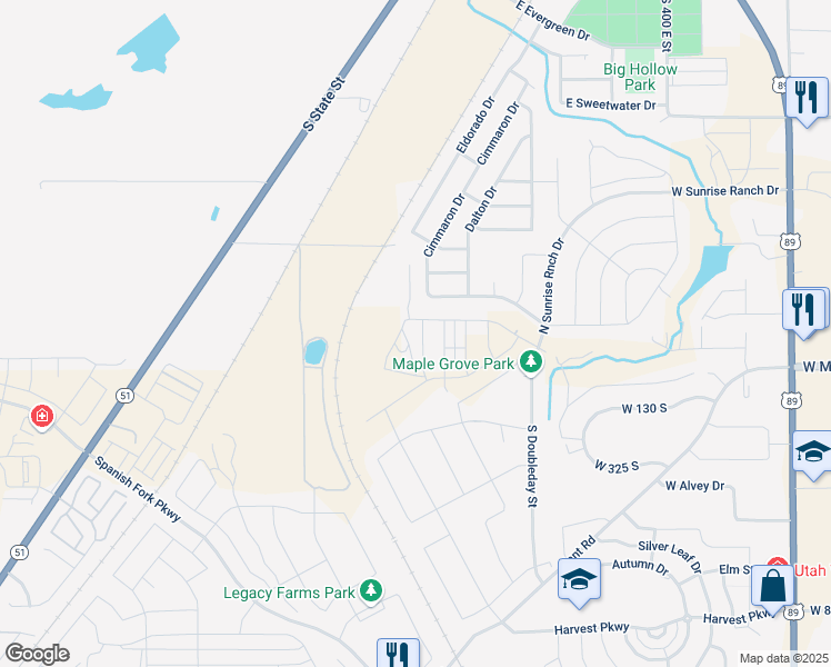 map of restaurants, bars, coffee shops, grocery stores, and more near 18 South Lunar Way in Mapleton