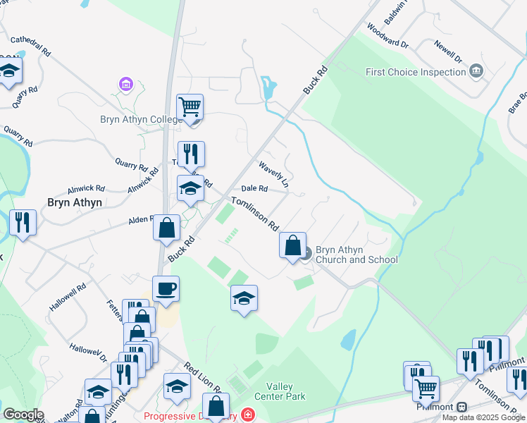 map of restaurants, bars, coffee shops, grocery stores, and more near 613 Tomlinson Road in Bryn Athyn