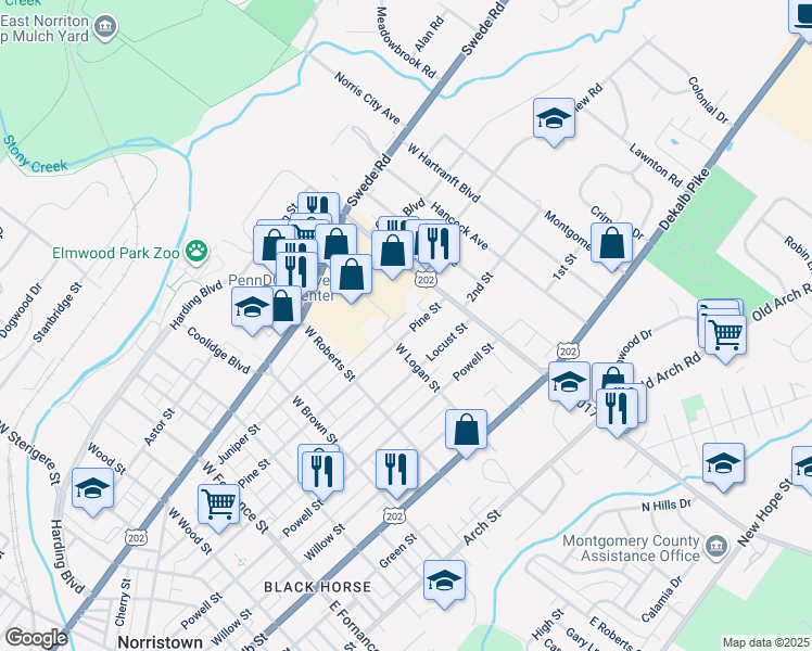 map of restaurants, bars, coffee shops, grocery stores, and more near 1805 Pine Street in Norristown