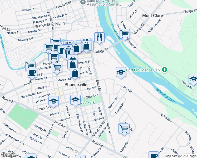 map of restaurants, bars, coffee shops, grocery stores, and more near 201 Starr Street in Phoenixville