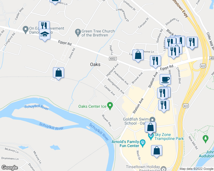 map of restaurants, bars, coffee shops, grocery stores, and more near 211 Center Avenue in Phoenixville