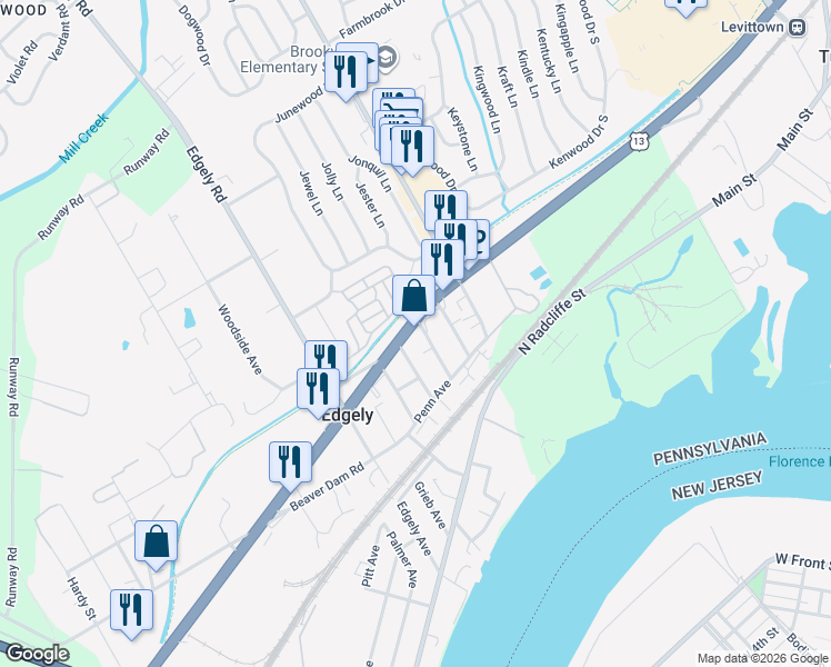 map of restaurants, bars, coffee shops, grocery stores, and more near 7404 Bristol Pike in Levittown
