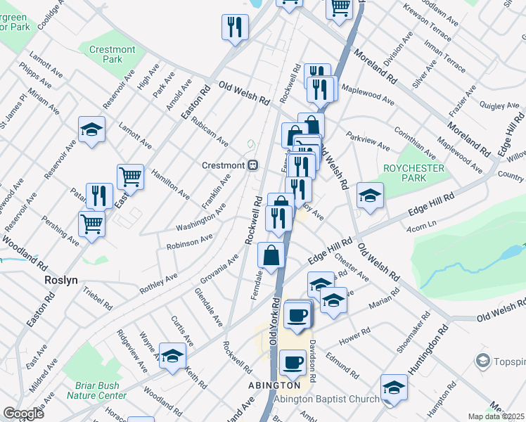 map of restaurants, bars, coffee shops, grocery stores, and more near 1650 Rockwell Road in Abington