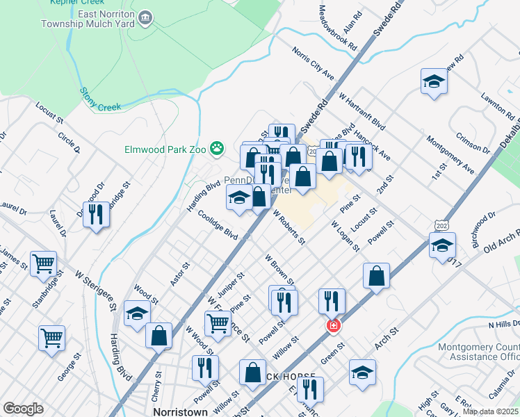 map of restaurants, bars, coffee shops, grocery stores, and more near 1650 Markley Street in Norristown