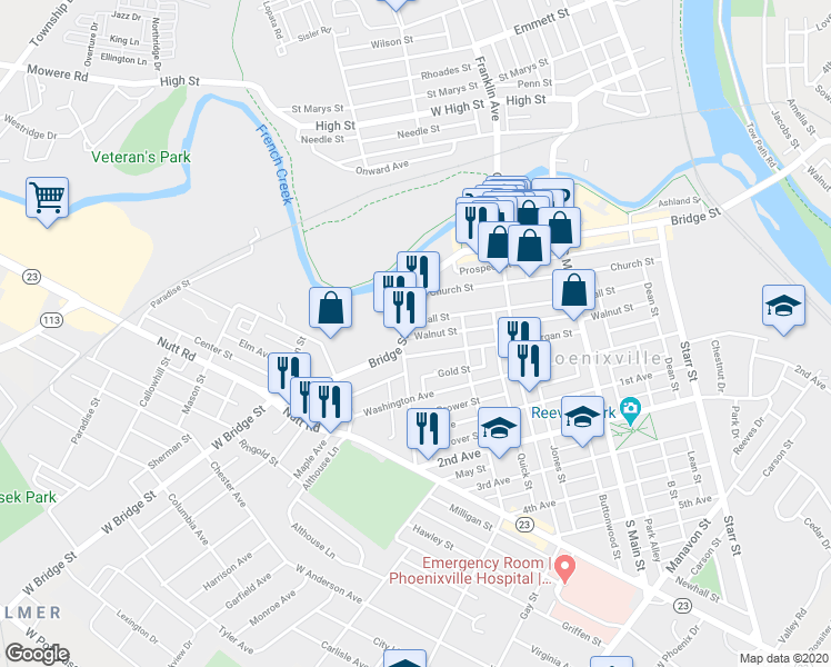 map of restaurants, bars, coffee shops, grocery stores, and more near 444 Bridge Street in Phoenixville