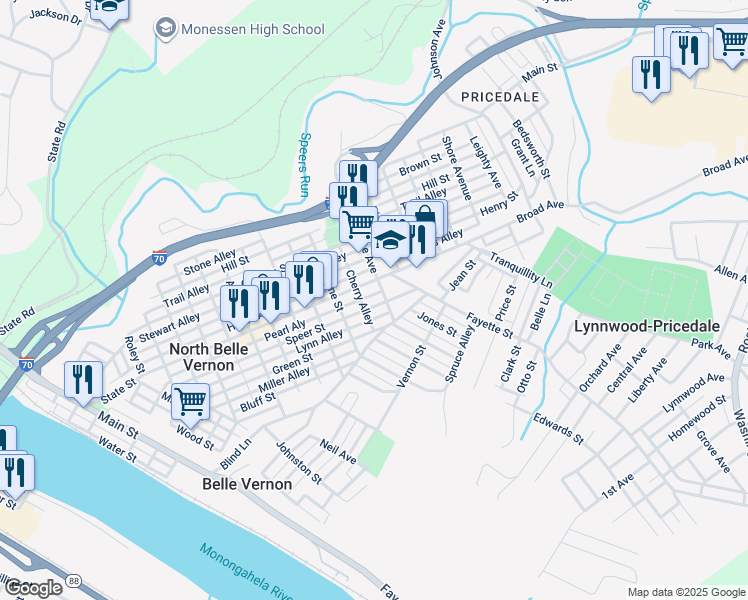 map of restaurants, bars, coffee shops, grocery stores, and more near 723 Speer Street in Belle Vernon