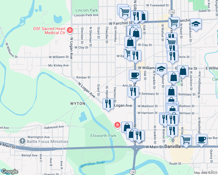 map of restaurants, bars, coffee shops, grocery stores, and more near 324-398 Harmon Avenue in Danville