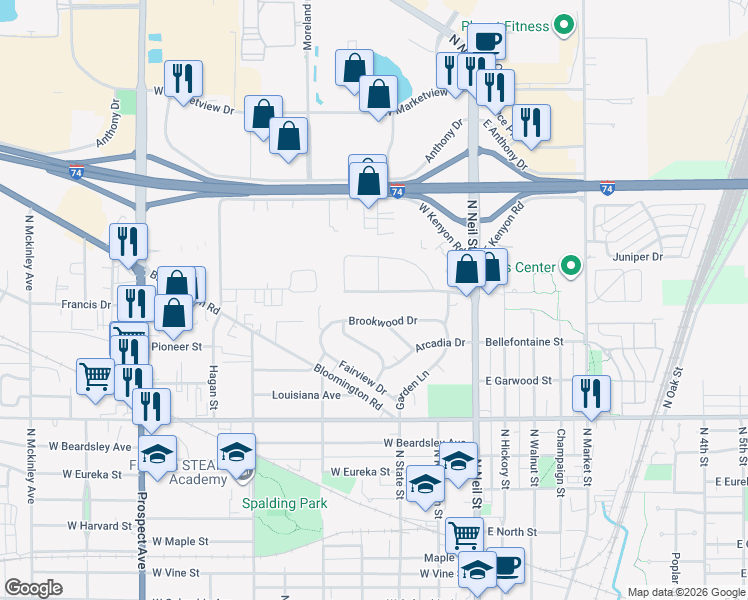 map of restaurants, bars, coffee shops, grocery stores, and more near 311 Edgebrook Drive in Champaign