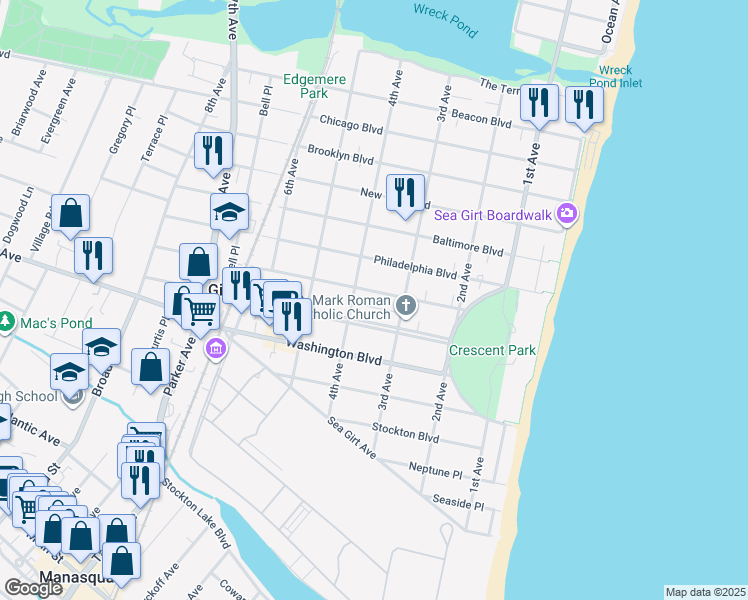 map of restaurants, bars, coffee shops, grocery stores, and more near 304 Boston Boulevard in Sea Girt