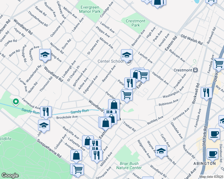 map of restaurants, bars, coffee shops, grocery stores, and more near 1417 High Avenue in Abington