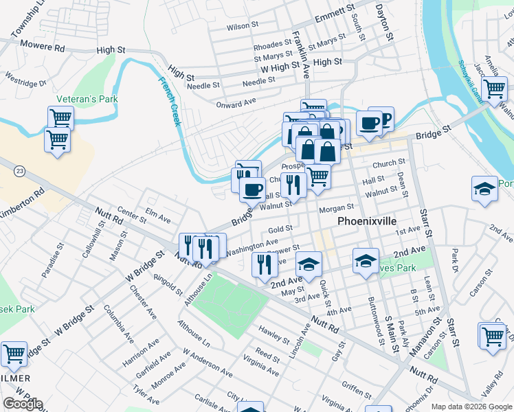 map of restaurants, bars, coffee shops, grocery stores, and more near 444 Bridge Street in Phoenixville