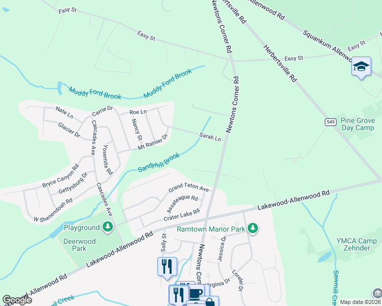 map of restaurants, bars, coffee shops, grocery stores, and more near 457 Newtons Corner Road in Howell Township