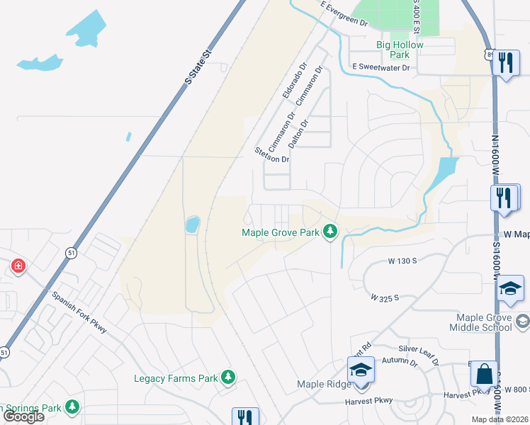 map of restaurants, bars, coffee shops, grocery stores, and more near 172 Santa Fe Drive South in Springville