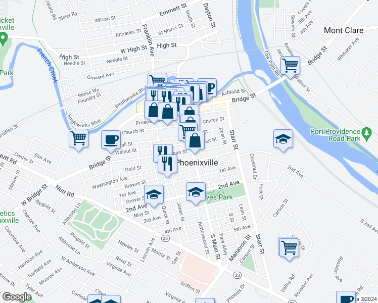 map of restaurants, bars, coffee shops, grocery stores, and more near 218 Morgan Street in Phoenixville