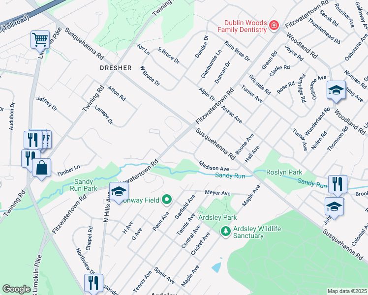 map of restaurants, bars, coffee shops, grocery stores, and more near 3035 David Drive in Roslyn